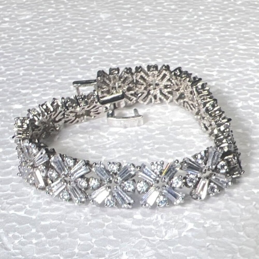 Vintage‎ Rhinestone Bracelet Baguette Round Floral Link 10K White Gold Plate Art